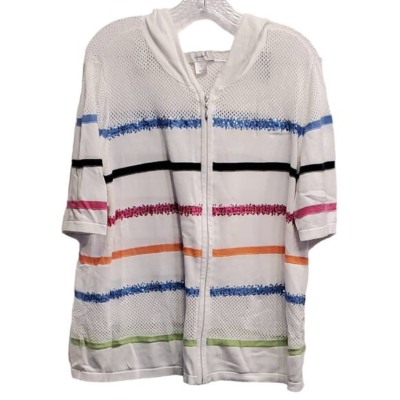 CJ Banks Light Weight Hooded Stripe Sweater Cardigan Springtime Plus Size 1x - Picture 1 of 6
